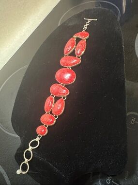 Red coral Oval Stone Statement adjustable Bracelet -set In 925 silver